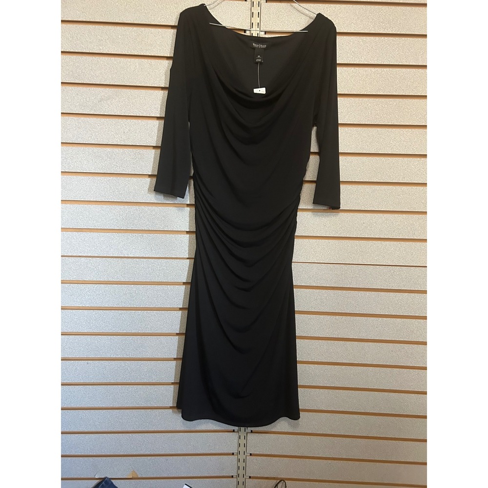 White House Black Market Black Cowl Neck Ruched 3/4 Sleeve Dress 10 NWTS Ruched